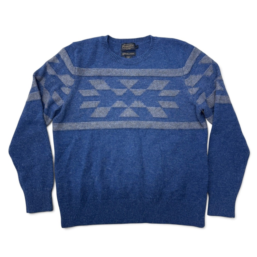 Pendleton Washable Wool Blend Southwestern Geometric Crewneck Sweater Blue Large